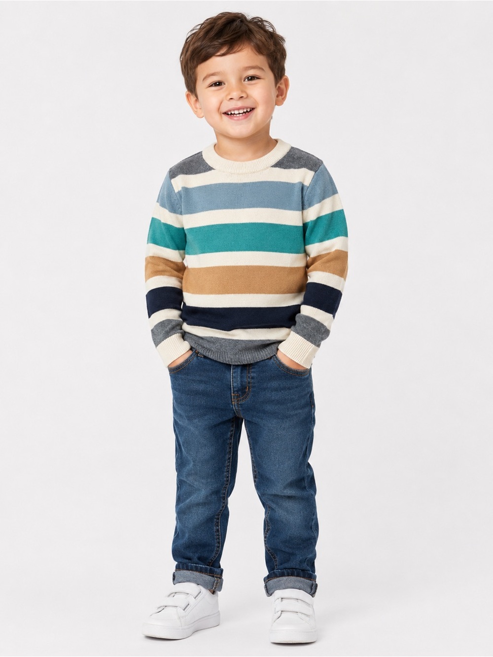 H&M Striped Crewneck Sweater - Teal, Light Blue, Cream, Gray